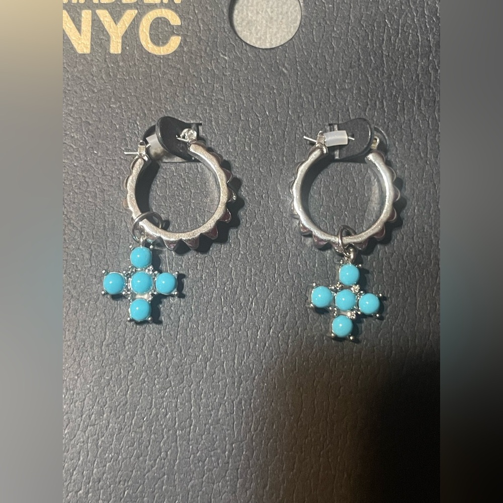 Madden NYC Turquoise Cross Charm Hoop Earrings Silver Tone Western Boho NWT - Picture 8 of 9